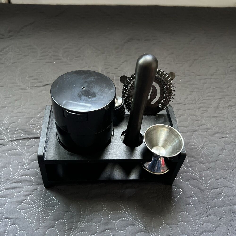 5 Piece Black Mixed Plastic & Stainless Steel Bar Tool Cocktail Set With Stand